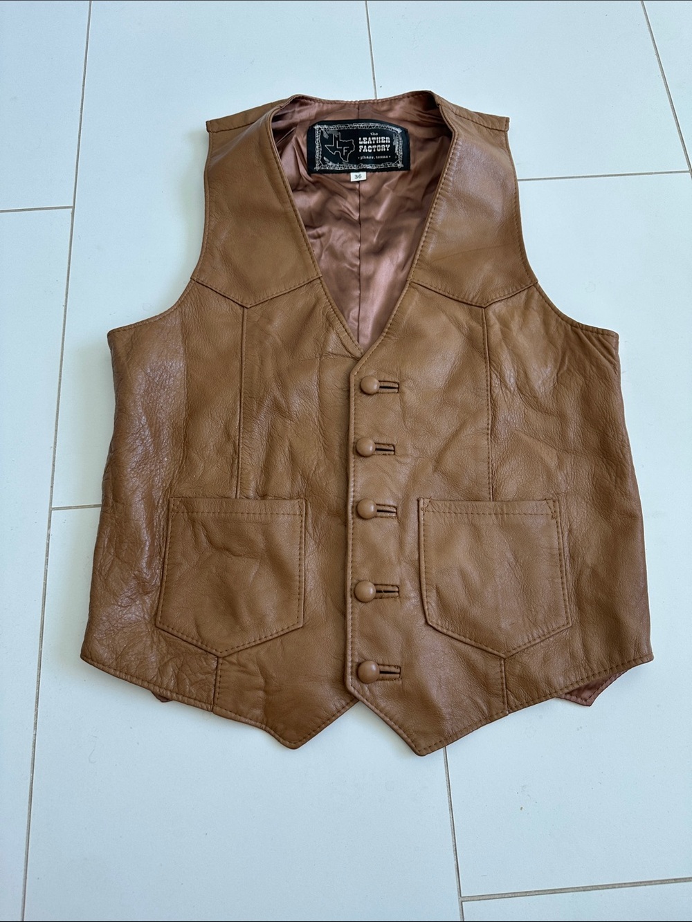 The leather factory leather tan vest made in Texas 36 size small